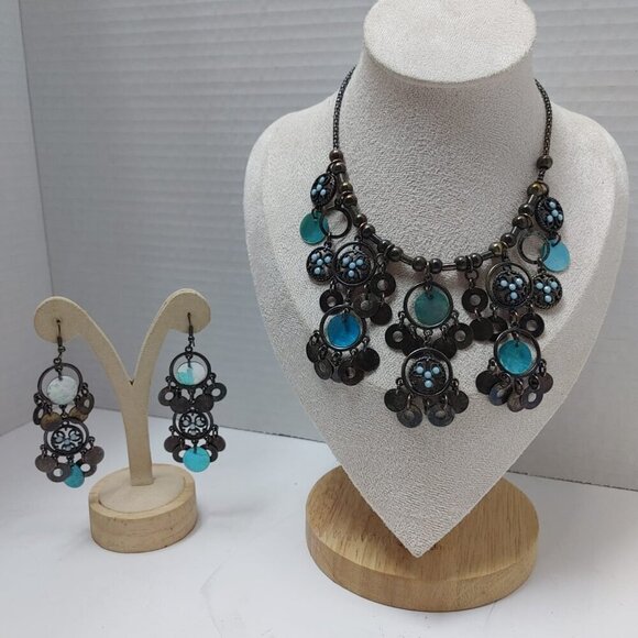 5/$100 Southwestern Style Jewelry Set Blue Faux Pearl Drop Necklace & Earrings - Picture 6 of 9